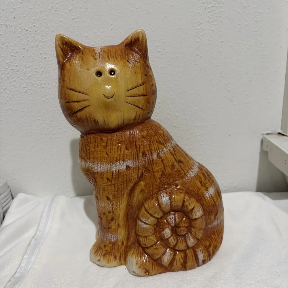 Vintage MCM Orange Brown Ceramic Cat Figurine Hand Painted  8.5 inches tall
